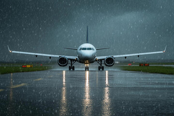 Airplane on runway during heavy rain under dark clouds. Generative AI