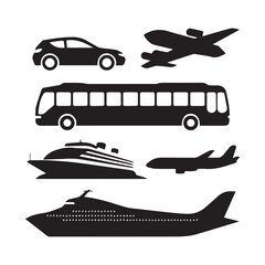 A collection of black silhouette vector graphics representing different modes of transportation.
