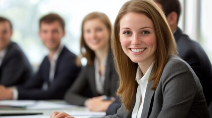 Happy female business professional with colleagues in meeting at office