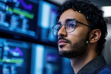 Natural Language Processing powers chatbots for customer service. Focused professional analyzing data on digital screens.