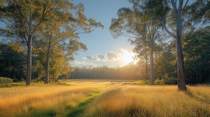 Obraz premium Golden Grassland Sunset Through Eucalyptus Trees