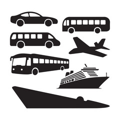 A collection of black silhouette vector graphics representing different modes of transportation.
