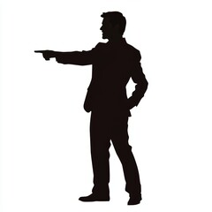 A man in a suit is pointing to the right