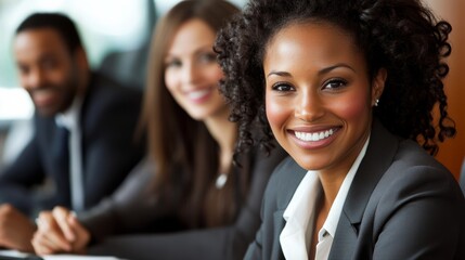 Happy female business professional with colleagues in meeting at office