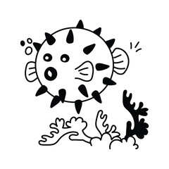 Hand drawn icon of puffer fish in modern style