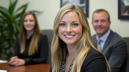 Happy female business professional with colleagues in meeting at office