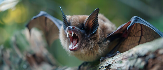 Obraz premium Close-Up of a Brown Bat with Open Mouth Displaying Sharp Teeth in Nature Setting