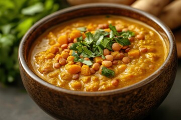A hearty bowl of lentil soup topped with fresh herbs and spices, inviting and flavorful.