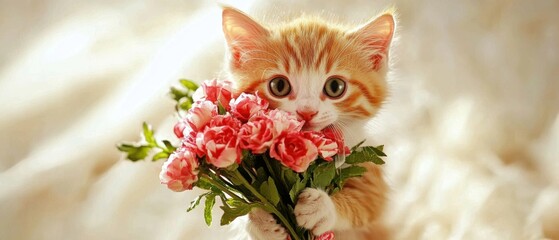 Adorable Kitten Holding a Bouquet of Pink Roses, Sweet Pet Photography