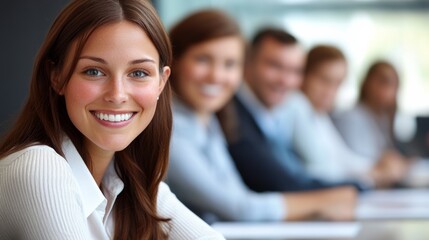 Happy female business professional with colleagues in meeting at office