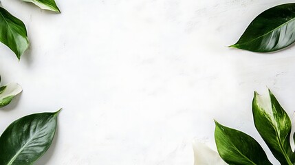 Naklejka premium Green leaves arranged on white textured background