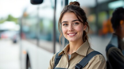 Obraz premium Portrait of a young female bus driver, standing proudly in front of her bus photography