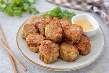Deep Fried Crab Meat Rolls in ceramic plate , thai called Hoi Jo, 