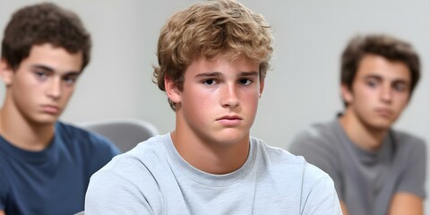 Three young men are seated indoors, looking serious or contemplative, with one in the foreground appearing particularly focused. Concept Serious Group Dynamics, Indoor Portraits