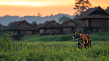 A tiger prowling near a village, with traditional huts as the background, during a quiet evening