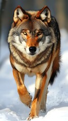 Fototapeta premium A wolf walking through a snowy landscape, showcasing its majestic features and natural habitat.