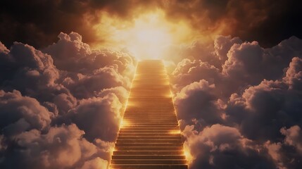A staircase is shown in the sky with clouds and a sun