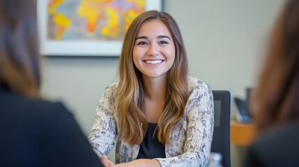Happy female business professional with colleagues in meeting at office