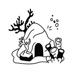 An underwater cave surrounded by corals, sea plants, and bubbles