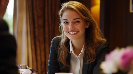 Happy female business professional with colleagues in meeting at office