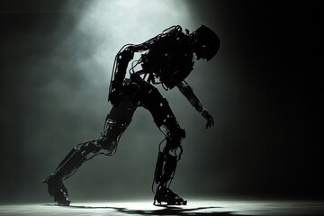 Naklejka premium A man in a robot suit is skating on a stage