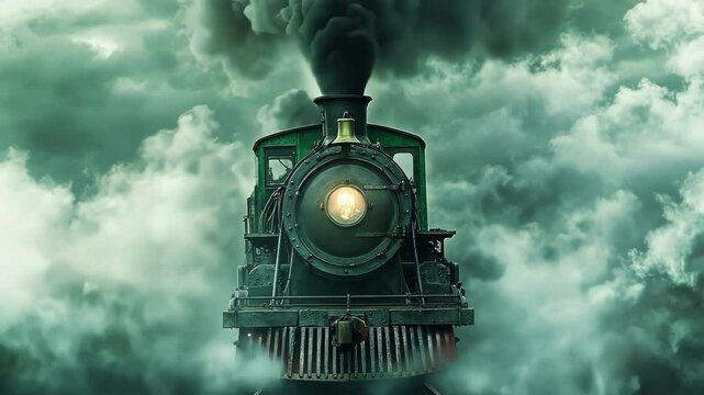 A vintage steam train chugging through a smoky, green landscape.