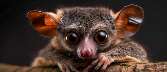 Fototapeta premium Cute small primate with large expressive eyes resting on a branch in a dark background, showcasing its adorable features and furry texture