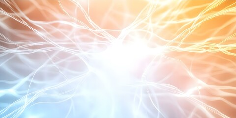 Naklejka premium A glowing, abstract background with intertwining lines in shades of orange, blue, and white, suggesting energy or neural connections. Concept Abstract Background, Intertwining Lines, Energy Concept
