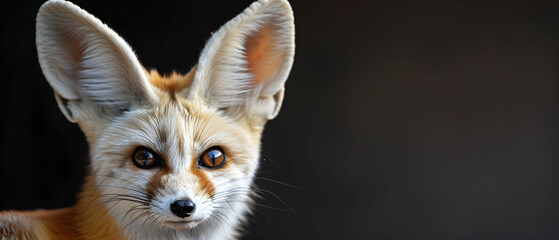 Close-up Portrait of a Beautiful Fennec Fox with Large Ears Against a Dark Background