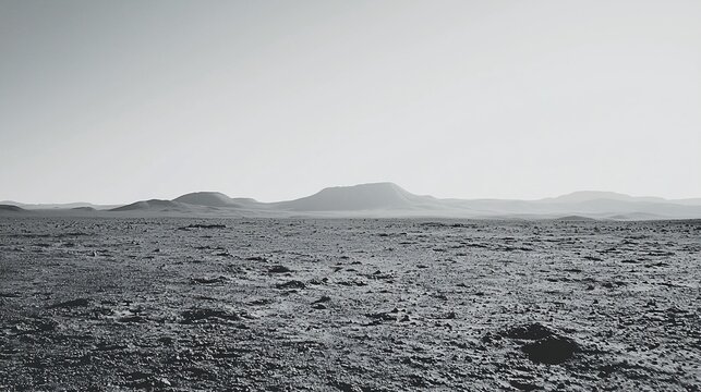 Monochromatic landscape of a vast, desolate desert plain under a pale sky, featuring low-lying hills in the distance.