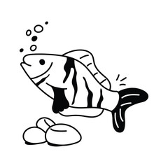 A striped tiger fish swimming underwater with small rocks and bubbles