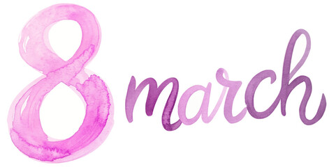 Pink watercolor design, March 8, International Women's Day, elegant typography, festive celebration, artistic style.