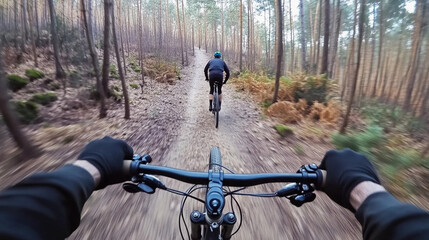 Exploring a forest trail on a mountain bike at high speed. Generative AI