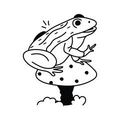 A playful frog sitting on a mushroom in a watery habitat