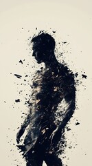 Fototapeta premium Abstract Silhouette of a Man Disintegrating into Fragments on a Light Background