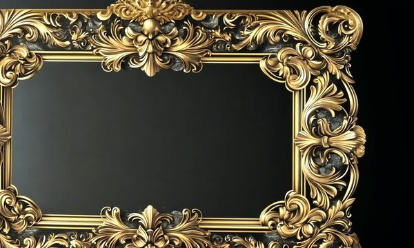 Ornate Gold Baroque Frame with Black Background, Elegant Design