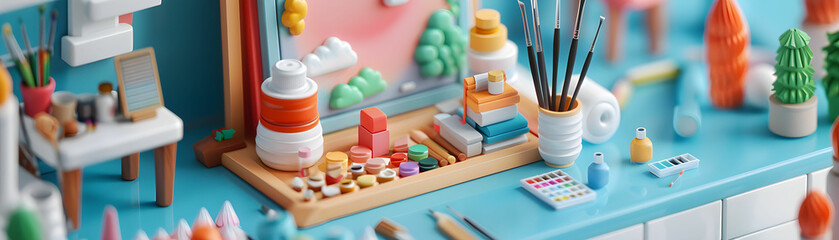 Colorful Creative Workspace Table with Art Supplies, Paints, Brushes, and Miniature Decorations in a Playful Setting