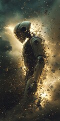 A robot is standing in a cloud of dust