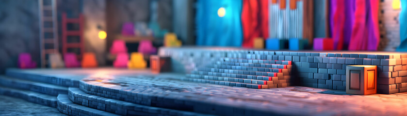 Dimly Lit Theater Stage with Colorful Backdrops and Stairs in a Mysterious Atmosphere