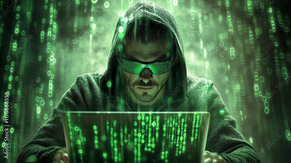 Poster programmer works intently on laptop surrounded by glowing green code. generative ai