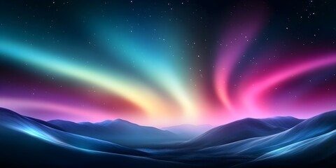 A colorful aurora borealis illuminates a serene mountainous landscape under a starry sky. Concept Aurora Borealis, Serene Mountains, Starry Sky, Night Photography, Natural Wonders