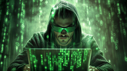 Programmer works intently on laptop surrounded by glowing green code. Generative AI