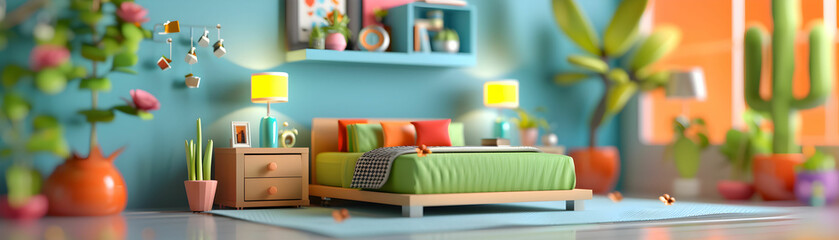 Bright and Cheerful Bedroom Interior with Colorful Decor and Indoor Plants in a Modern Design Setting