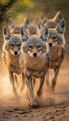 Obraz premium A group of coyotes running through a dusty landscape, showcasing their agility and pack behavior.
