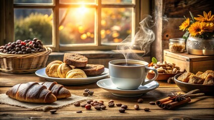 Morning Coffee Experience with Assorted Sweets and Fresh Bread in Soft Light &acirc;&euro;&ldquo; Perfect for Cozy Mornings and Food Photography