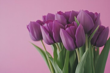 Obraz premium Bouquet of purple tulips on a pink background. 