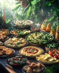 A vibrant spread of diverse vegetarian dishes in a lush, tropical setting, showcasing freshness and flavor.