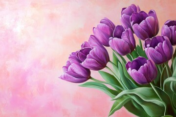 Obraz premium Bouquet of purple tulips on a pink background. 