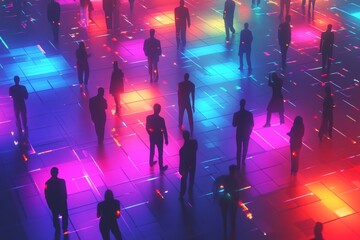 Silhouetted Figures on Colorful Neon Floor in Futuristic Setting