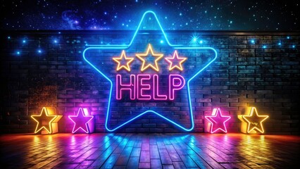 Night Photography Help Icon Concept - Illuminated Assistance Symbol in a Dark Environment with Stars and Neon Lights, Ideal for Tech Support and User Guidance Representation